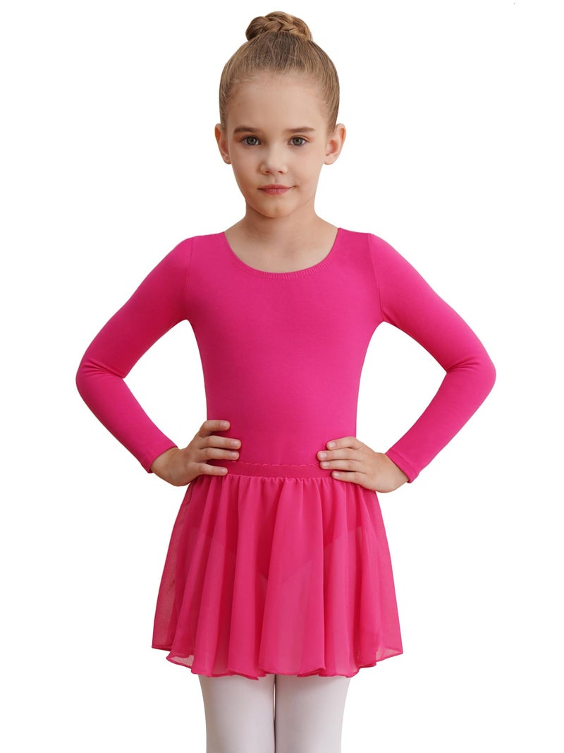 WEGETIT Long Sleeve Girls Leotard Gymnastics Leotards for Girls Ballet Dance Dresses with Skirt (Hot Pink,8-10 Years) - Image 1